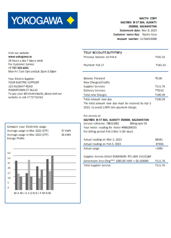 Yokogawa Electric Kazakhstan Ltd. utility business bill, SCR PSD template